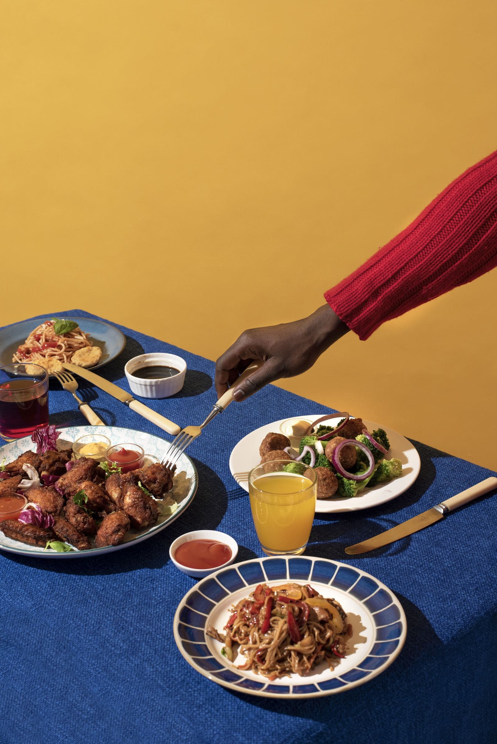 Freshly prepared dishes laid out on a table